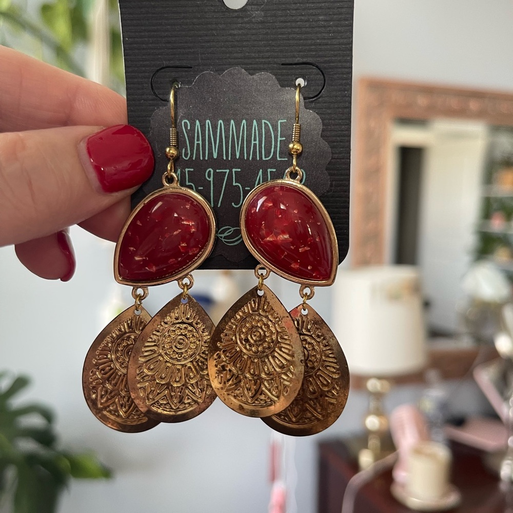 BoHo Gold and Orange Red Dangle Earrings